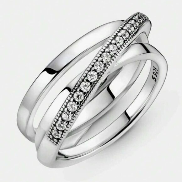 Triple Twisted Ring Size 7 with Lab Diamonds on Balinese style band 925 Silver - Picture 3 of 5